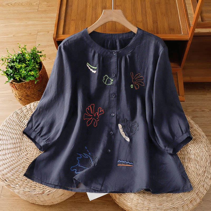 Buddha Stones Camisa de poliéster para mujer con cuello redondo, media manga y estampado de calabaza coral - Azul medianoche - US8-10，UK/AU12-14，EU40-42 (2XL) - image 0