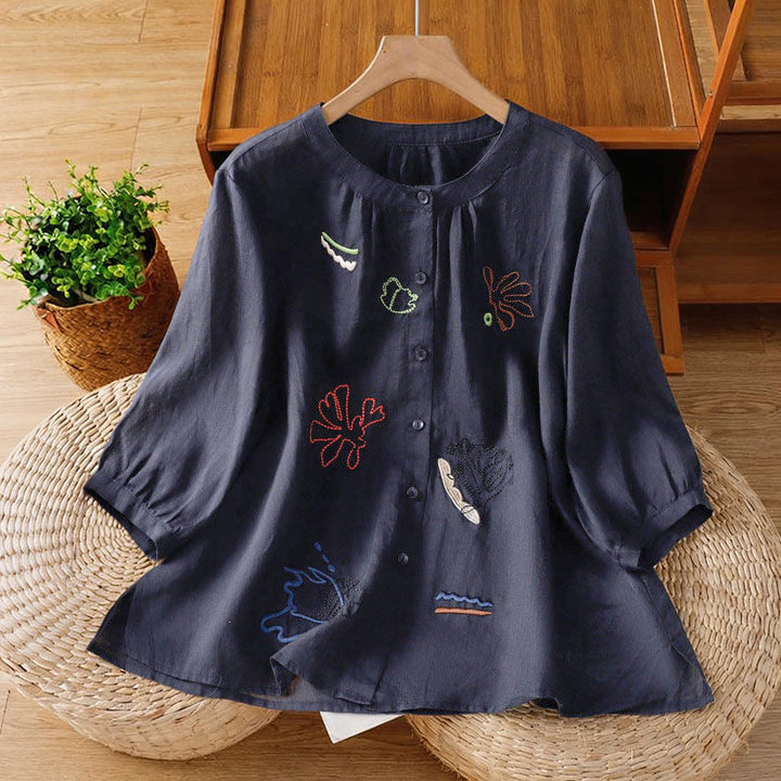 Buddha Stones Camisa de poliéster para mujer con cuello redondo, media manga y estampado de calabaza coral - Azul medianoche - US8-10，UK/AU12-14，EU40-42 (2XL) - image 0