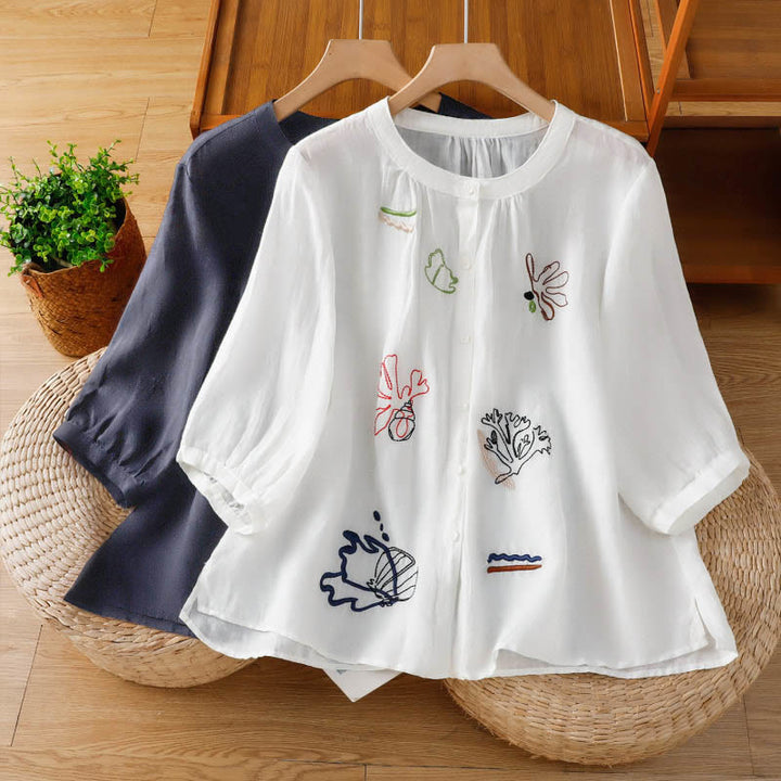 Buddha Stones Camisa de poliéster para mujer con cuello redondo, media manga y estampado de calabaza coral - image 18