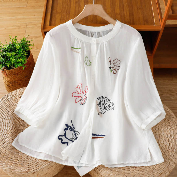 Buddha Stones Camisa de poliéster para mujer con cuello redondo, media manga y estampado de calabaza coral - Blanco - US8-10，UK/AU12-14，EU40-42 (2XL) - image 8
