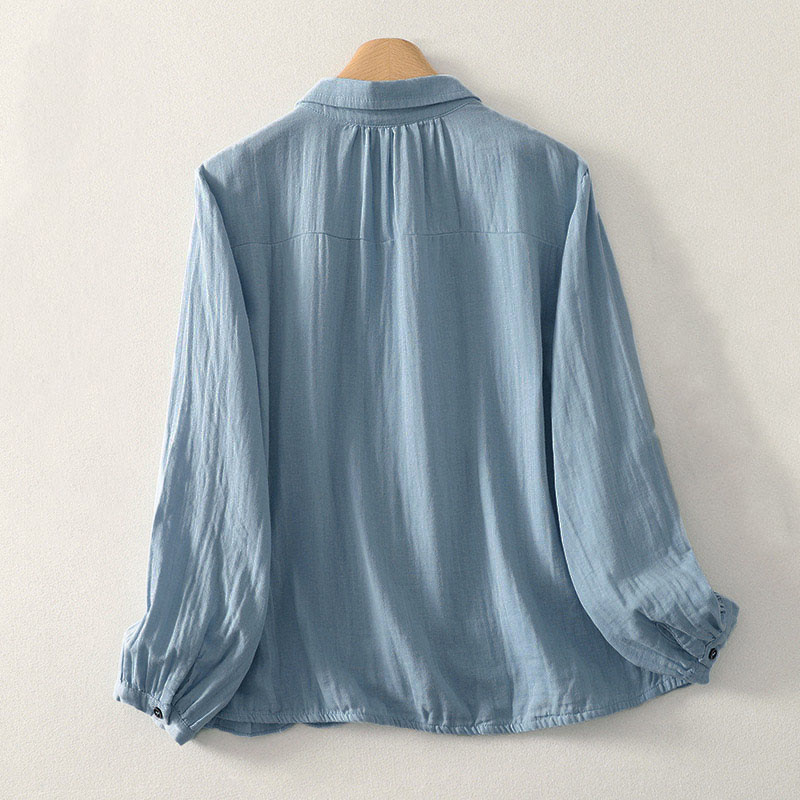 Buddha Stones Camisa de poliéster de manga larga con cuello redondo y color liso para mujer - image 1
