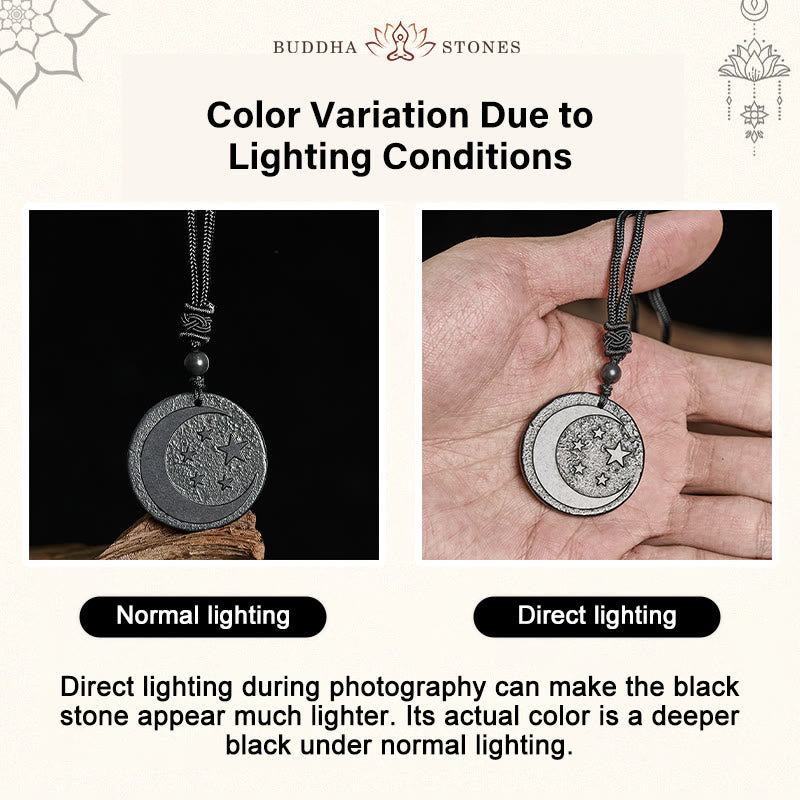 Collar con colgante de piedra de shungita auténtica con diseño redondo de Buddha Stones, luna y estrella. - image 4
