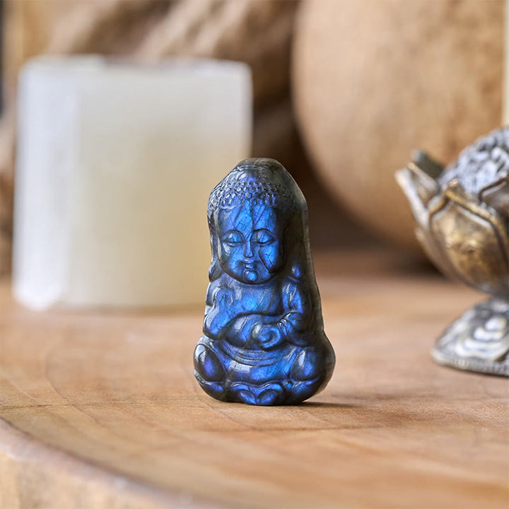 Buddha Stones Figura de labradorita natural con símbolo de Buda, estatua curativa para decoración del hogar - Buda 4,5*2,3*1 cm - image 0