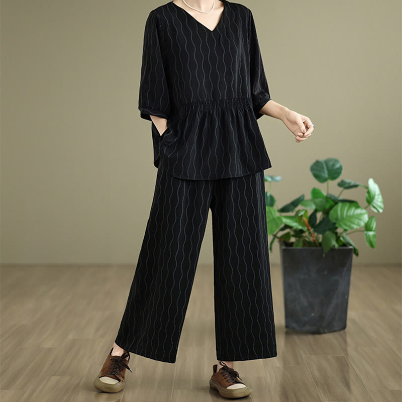 Buddha Stones Conjunto de 2 piezas de camisa de manga corta con estampado de rayas de poliéster de 7 largos y pantalones harén con bolsillo - Negro - US12, UK/AU16, EU44 (3XL) - image 10