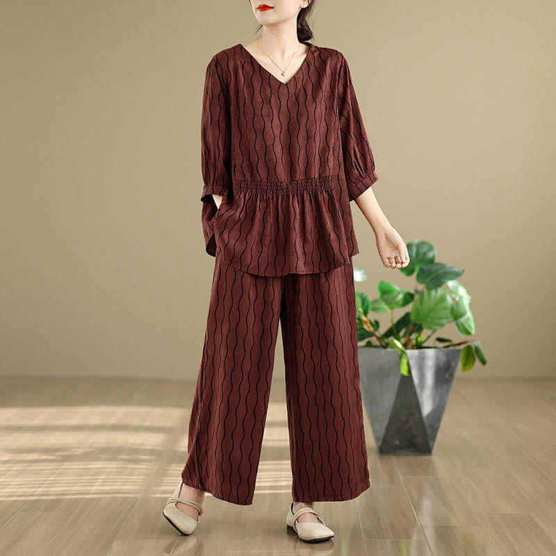 Buddha Stones Conjunto de 2 piezas de camisa de manga corta con estampado de rayas de poliéster de 7 largos y pantalones harén con bolsillo - Rojo oscuro - US12, UK/AU16, EU44 (3XL) - image 22