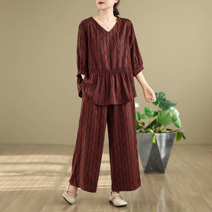 Buddha Stones Conjunto de 2 piezas de camisa de manga corta con estampado de rayas de poliéster de 7 largos y pantalones harén con bolsillo - Rojo oscuro - US12, UK/AU16, EU44 (3XL) - image 22