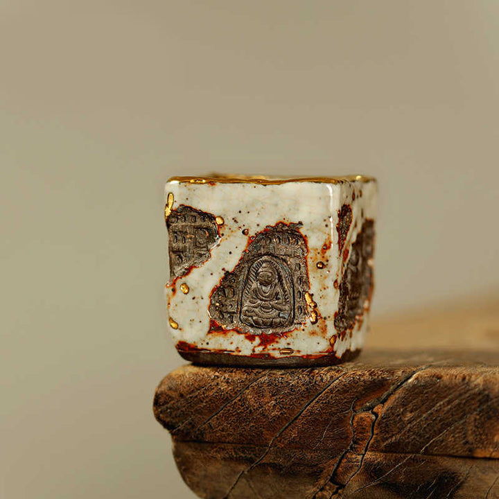 Buddha Stones Taza de té de cerámica Shino con Buda de Dunhuang pintado a mano, taza de té de kung fu - Taza cuadrada 5,5 cm x 5,7 cm x 100 ml - image 0