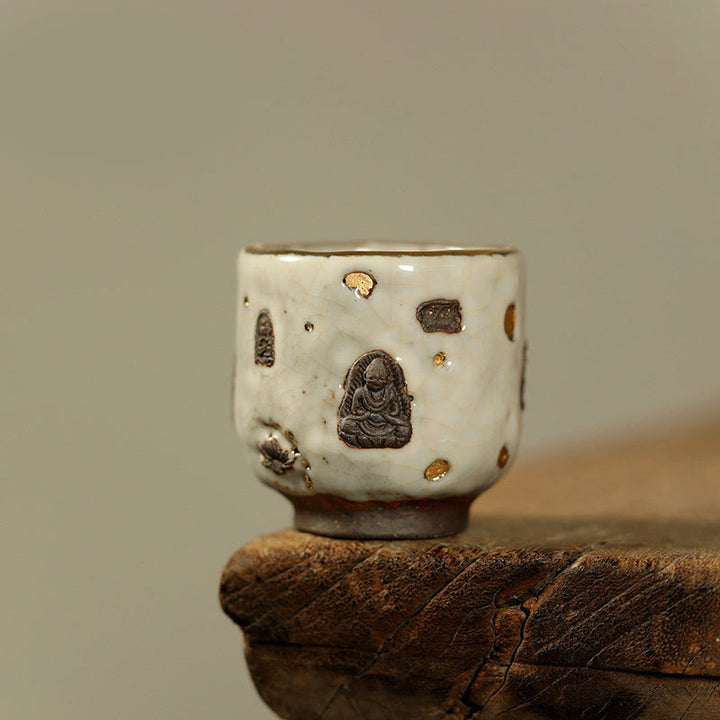 Buddha Stones Taza de té de cerámica Shino con Buda de Dunhuang pintado a mano, taza de té de kung fu - Taza redonda 5,5 cm x 5,7 cm x 100 ml - image 9