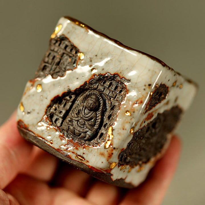Buddha Stones Taza de té de cerámica Shino con Buda de Dunhuang pintado a mano, taza de té de kung fu - image 1