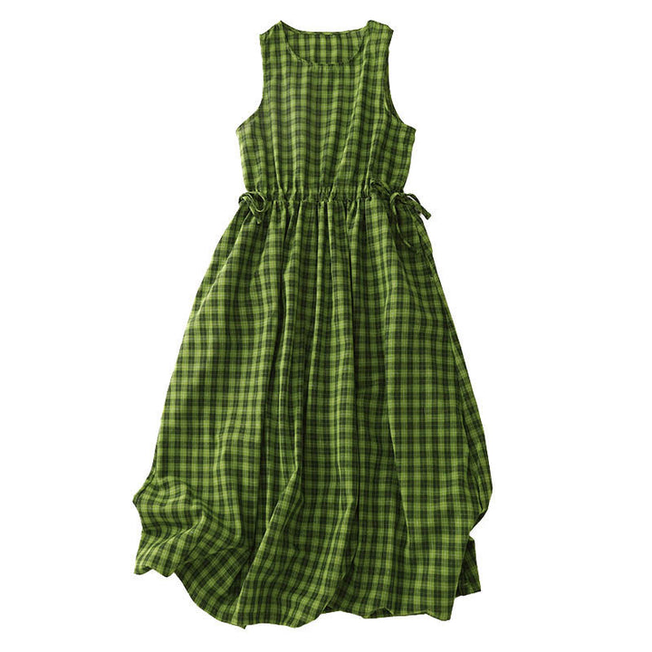 Vestido midi de verano sin mangas a cuadros con estampado de Buddha Stones y bolsillos. - image 2