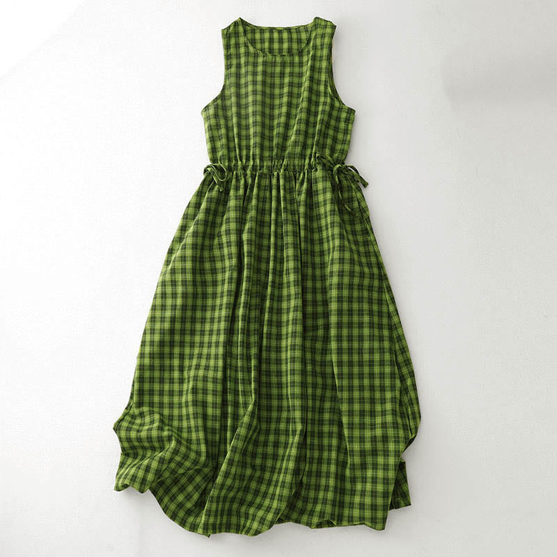 Vestido midi de verano sin mangas a cuadros con estampado de Buddha Stones y bolsillos. - Verde - US8-10，UK/AU12-14，EU40-42 (2XL) - image 0