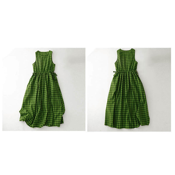 Vestido midi de verano sin mangas a cuadros con estampado de Buddha Stones y bolsillos. - image 14