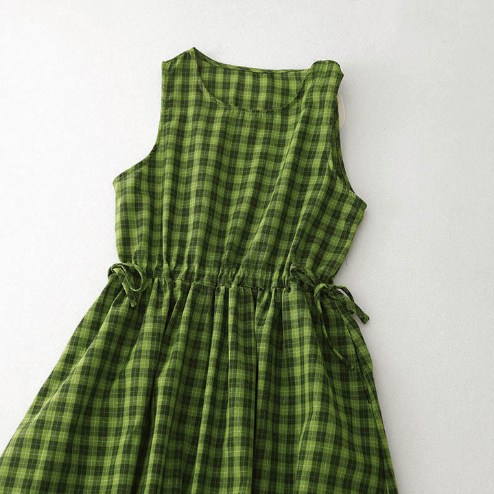 Vestido midi de verano sin mangas a cuadros con estampado de Buddha Stones y bolsillos. - image 3