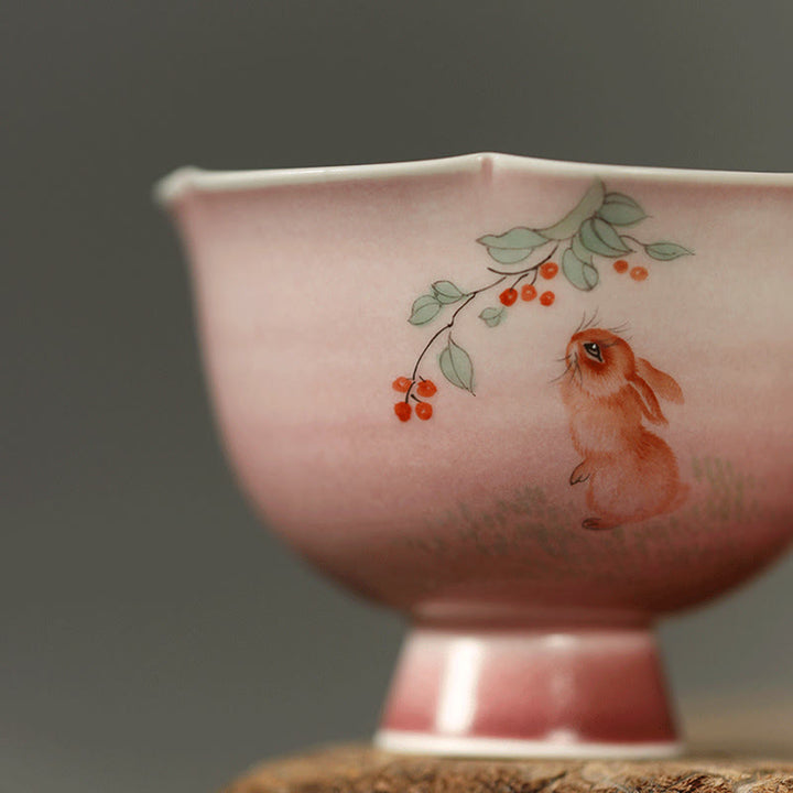 Buddha Stones Taza de té de cerámica con diseño de orquídea y conejo pintada a mano, 75 ml - image 6