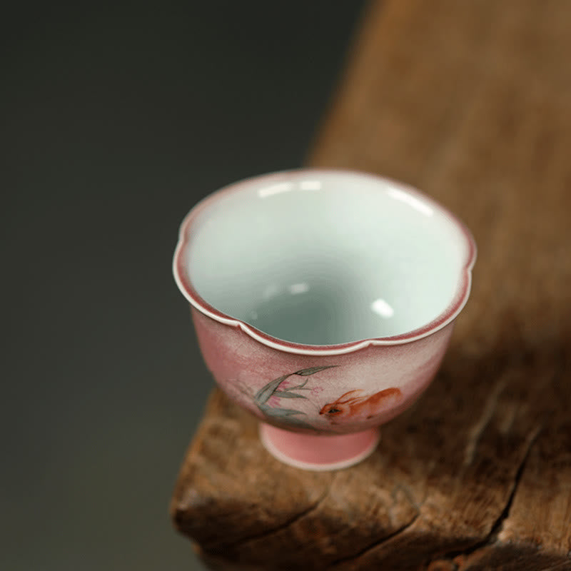 Buddha Stones Taza de té de cerámica con diseño de orquídea y conejo pintada a mano, 75 ml - image 7