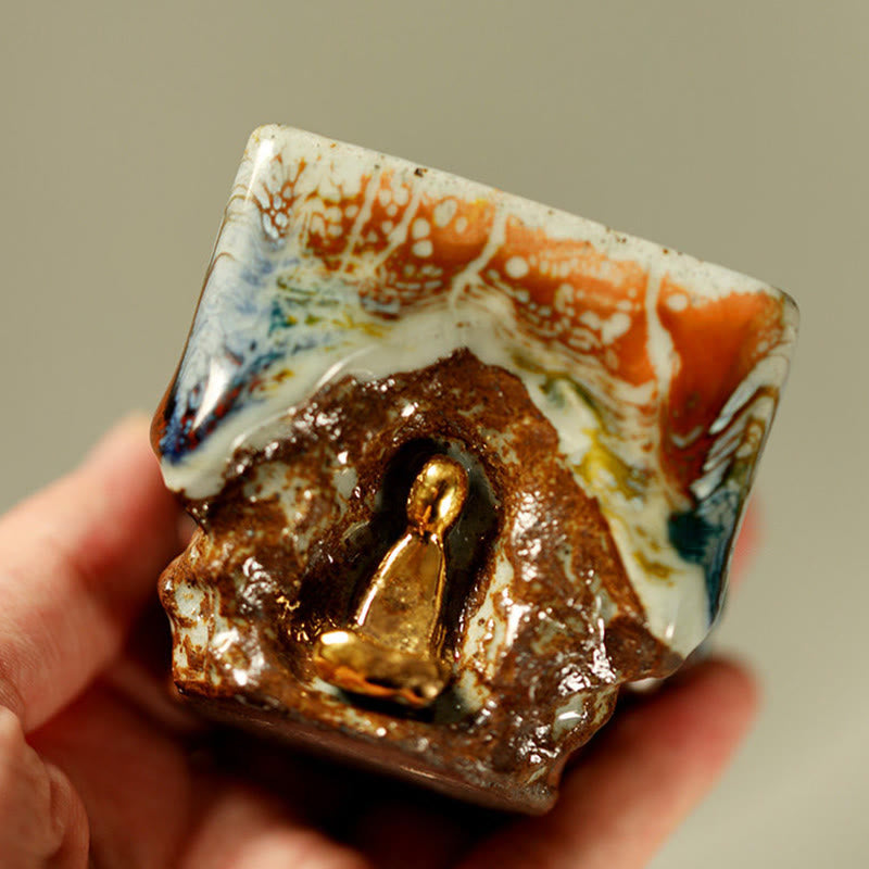 Buddha Stones Taza de té de cerámica Shino con Buda meditador de Dunhuang pintada a mano, taza de té de kung fu - image 1