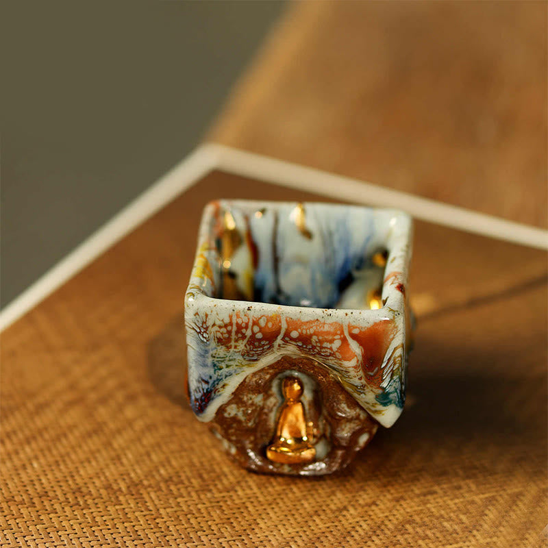 Buddha Stones Taza de té de cerámica Shino con Buda meditador de Dunhuang pintada a mano, taza de té de kung fu - image 6