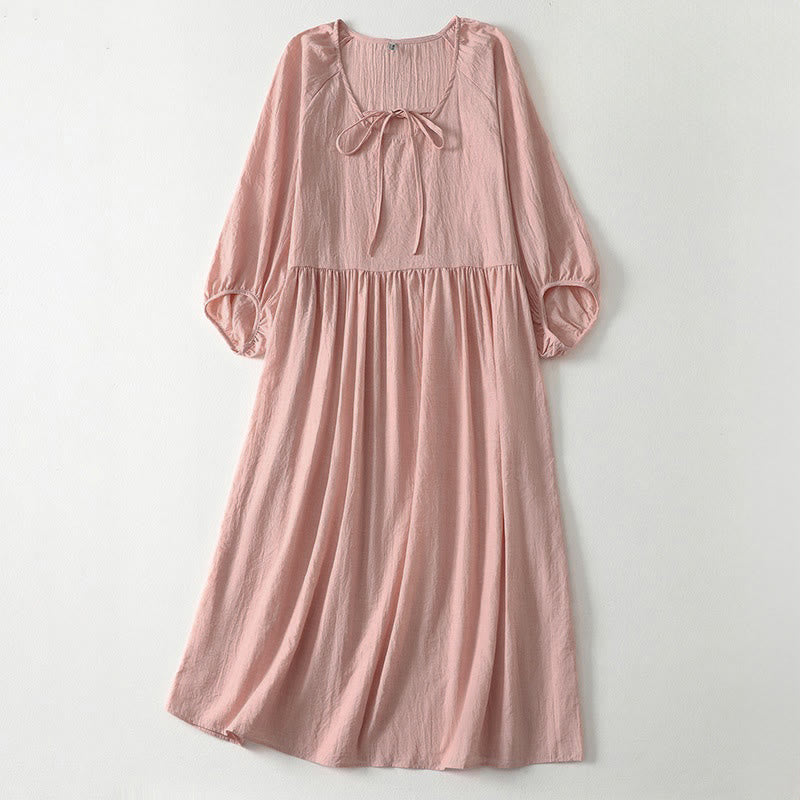Buddha Stones Vestido midi de mujer con cuello redondo, mangas tres cuartos y cordones en color liso de primavera - Rosa claro - US12, UK/AU16, EU44 (2XL) - image 0