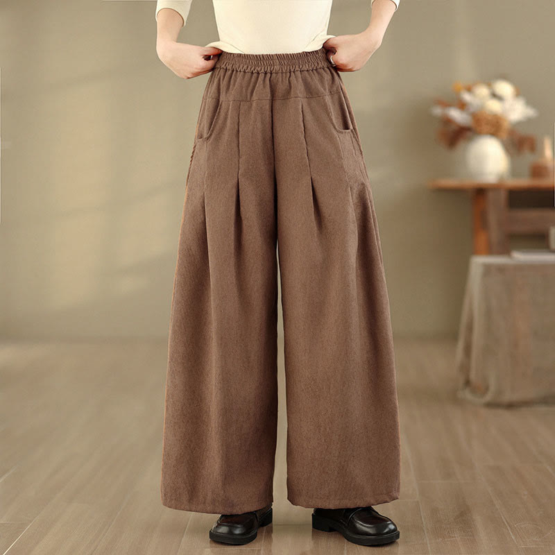 Buddha Stones Pantalones anchos de pana marrón liso para mujer con bolsillos - image 2