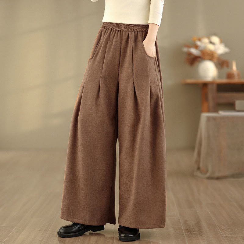 Buddha Stones Pantalones anchos de pana marrón liso para mujer con bolsillos - image 3
