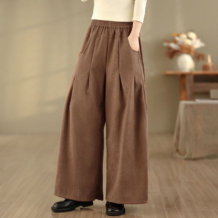 Buddha Stones Pantalones anchos de pana marrón liso para mujer con bolsillos - image 3