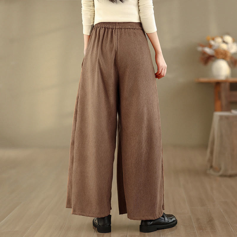 Buddha Stones Pantalones anchos de pana marrón liso para mujer con bolsillos - image 4