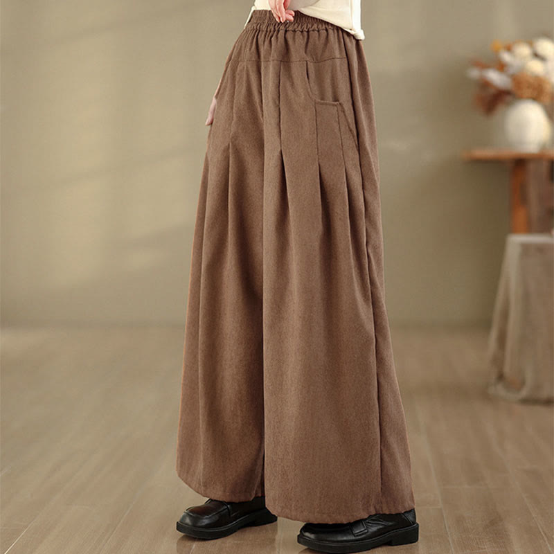 Buddha Stones Pantalones anchos de pana marrón liso para mujer con bolsillos - image 5