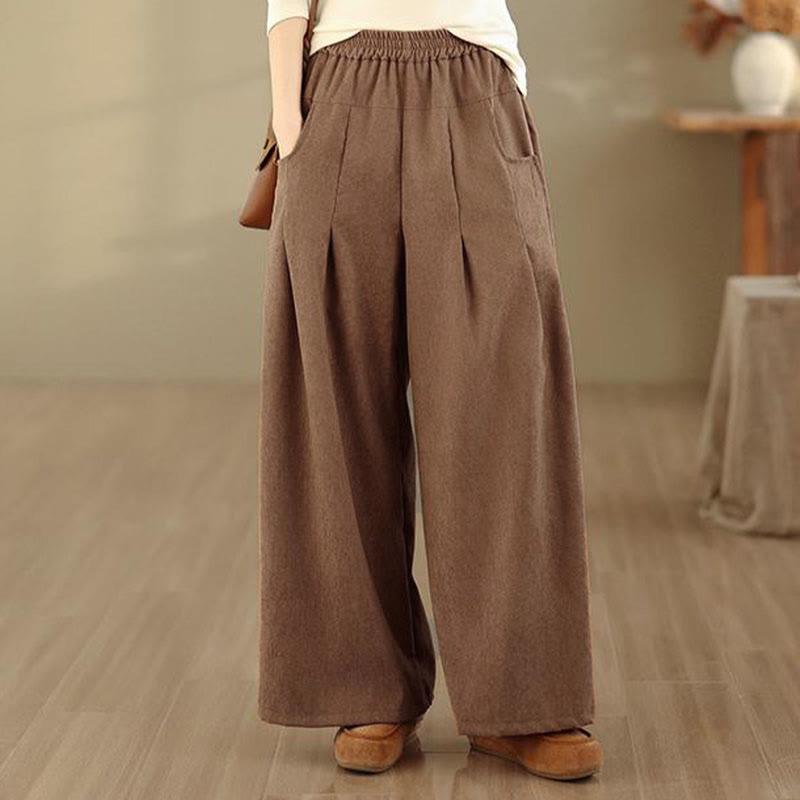 Buddha Stones Pantalones anchos de pana marrón liso para mujer con bolsillos - image 6