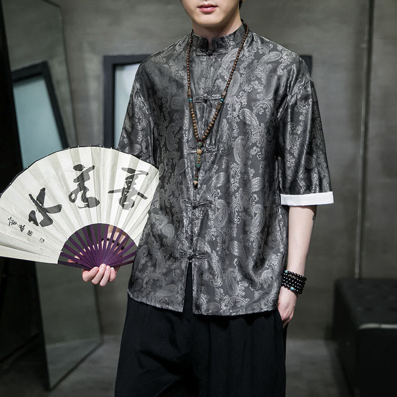 Buddha Stones Camisas de media manga con botones de rana y estampado de flores de anacardo de verano para hombre - Gris - US/UK/AU46, EU56 (5XL) - image 0