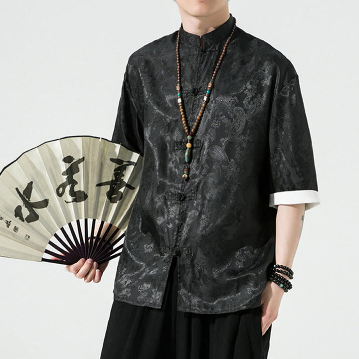 Buddha Stones Camisas de media manga con botones de rana y estampado de flores de anacardo de verano para hombre - image 11