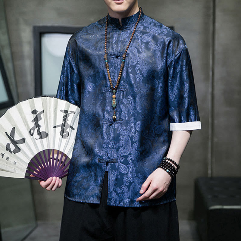 Buddha Stones Camisas de media manga con botones de rana y estampado de flores de anacardo de verano para hombre - image 32