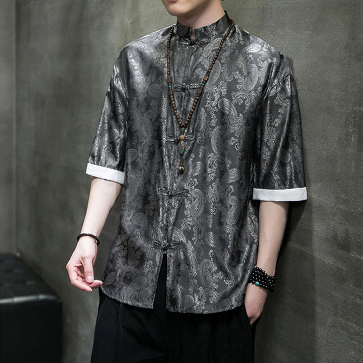 Buddha Stones Camisas de media manga con botones de rana y estampado de flores de anacardo de verano para hombre - image 4