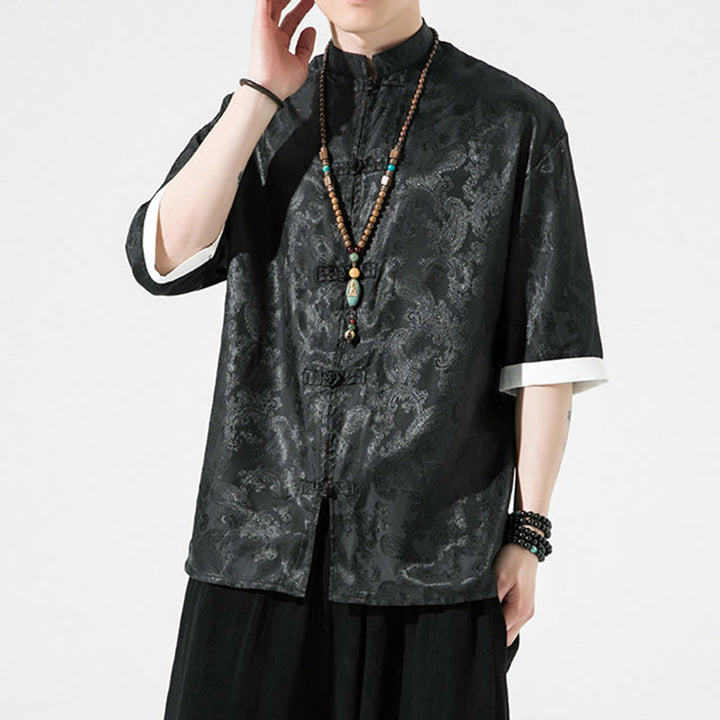 Buddha Stones Camisas de media manga con botones de rana y estampado de flores de anacardo de verano para hombre - image 14