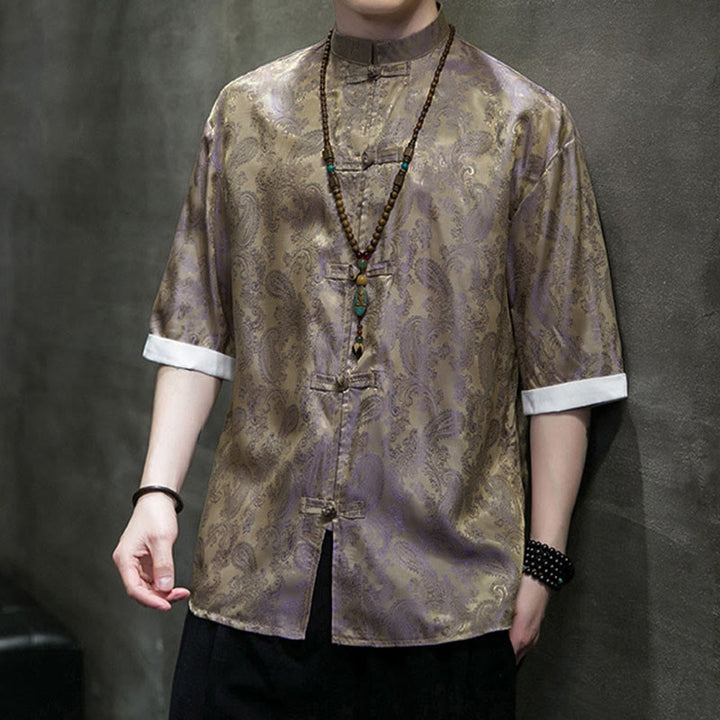 Buddha Stones Camisas de media manga con botones de rana y estampado de flores de anacardo de verano para hombre - image 47