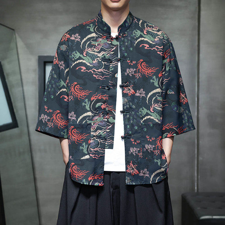 Camisa de hombre Tang Suit con mangas tres cuartos, bolsillos, con estampado de Buddha Stones, primavera, rana, botón, dragón, montaña y flor. - Azul medianoche - US/UK/AU44, UE 54 (5XL) - image 19