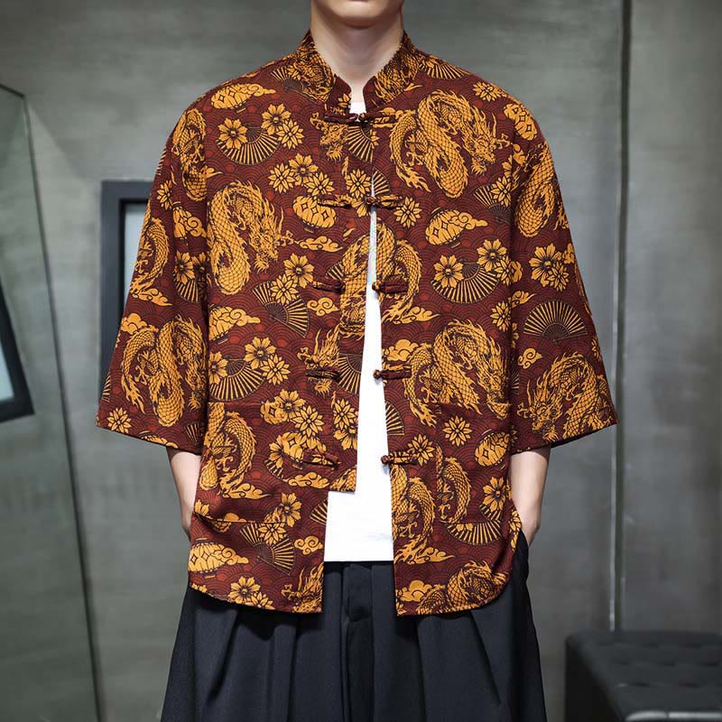 Camisa de hombre Tang Suit con mangas tres cuartos, bolsillos, con estampado de Buddha Stones, primavera, rana, botón, dragón, montaña y flor. - Perú - US/UK/AU44, UE 54 (5XL) - image 0