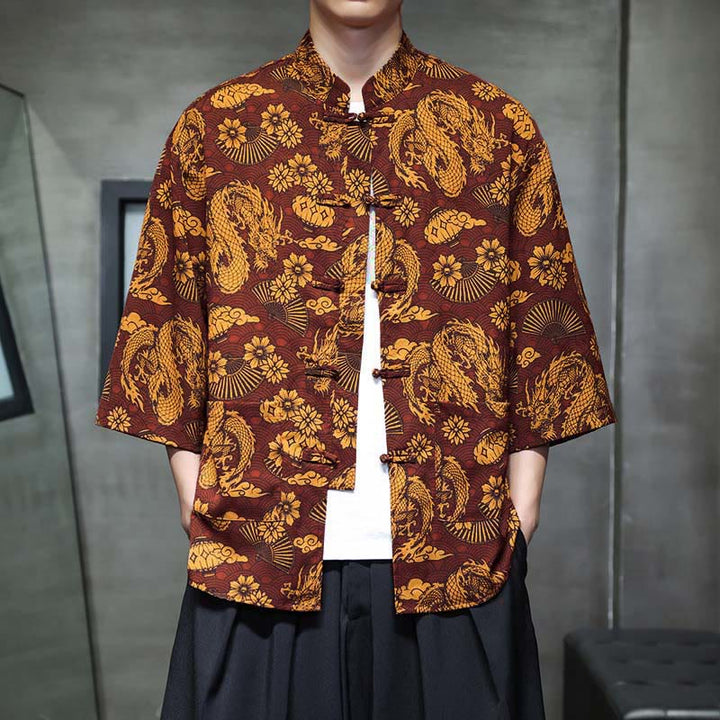 Camisa de hombre Tang Suit con mangas tres cuartos, bolsillos, con estampado de Buddha Stones, primavera, rana, botón, dragón, montaña y flor. - Perú - US/UK/AU44, UE 54 (5XL) - image 0