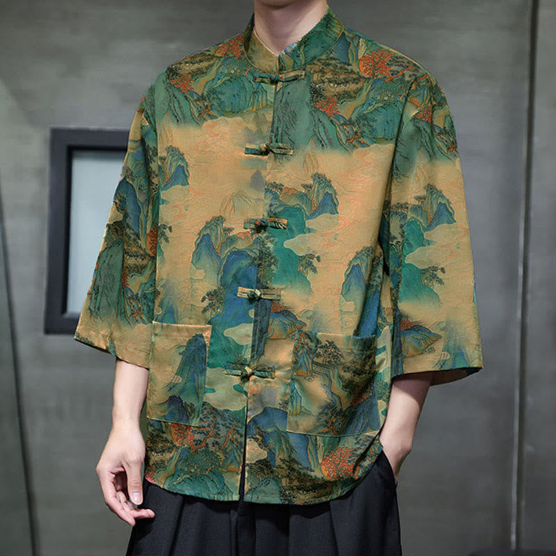 Camisa de hombre Tang Suit con mangas tres cuartos, bolsillos, con estampado de Buddha Stones, primavera, rana, botón, dragón, montaña y flor. - image 39