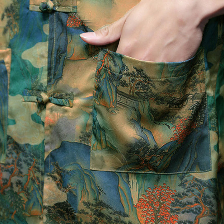 Camisa de hombre Tang Suit con mangas tres cuartos, bolsillos, con estampado de Buddha Stones, primavera, rana, botón, dragón, montaña y flor. - image 48