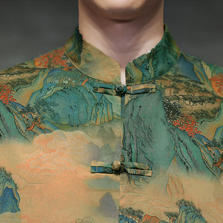 Camisa de hombre Tang Suit con mangas tres cuartos, bolsillos, con estampado de Buddha Stones, primavera, rana, botón, dragón, montaña y flor. - image 46