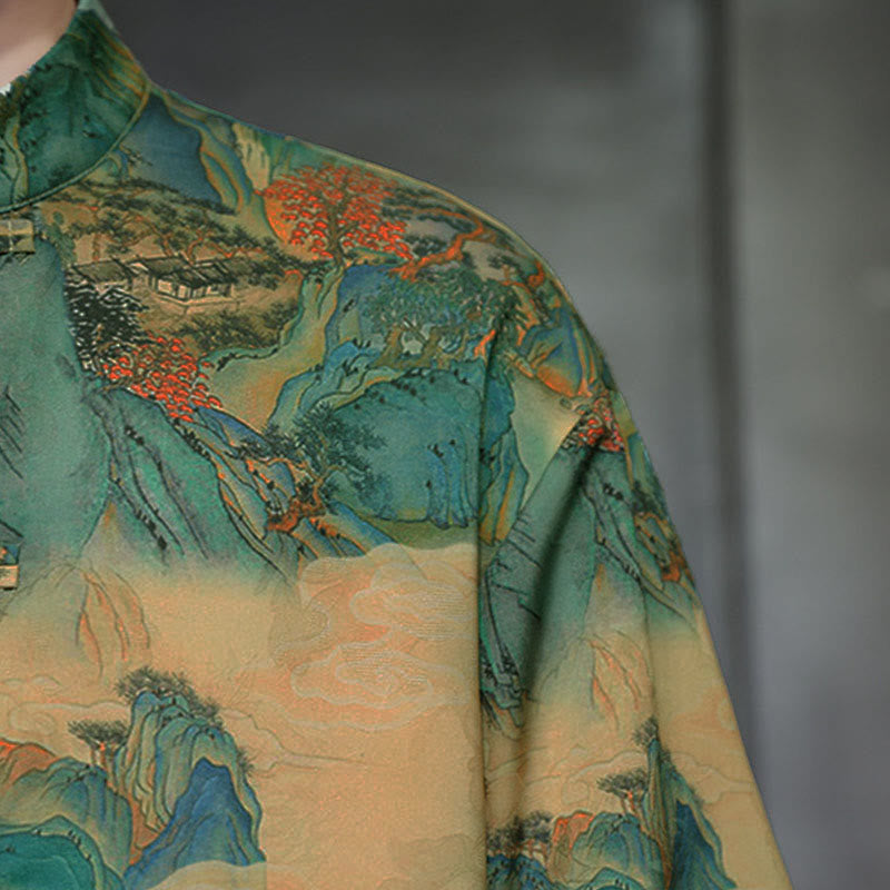 Camisa de hombre Tang Suit con mangas tres cuartos, bolsillos, con estampado de Buddha Stones, primavera, rana, botón, dragón, montaña y flor. - image 47