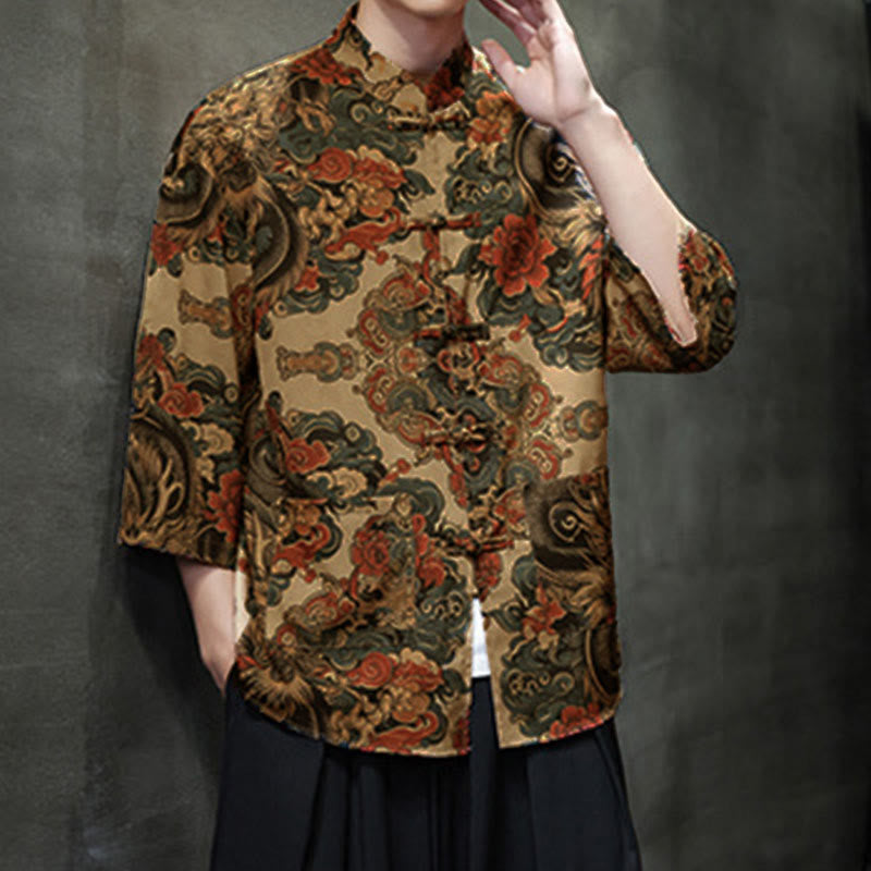 Camisa de hombre Tang Suit con mangas tres cuartos, bolsillos, con estampado de Buddha Stones, primavera, rana, botón, dragón, montaña y flor. - image 17