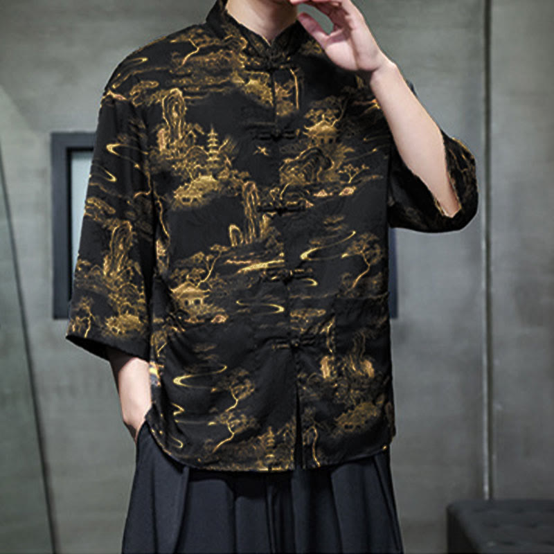 Buddha Stones Camisa de hombre con manga tres cuartos y bolsillos, diseño de rana de primavera, dragón, montaña y flores - image 30