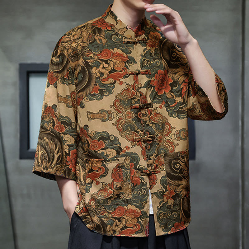 Camisa de hombre Tang Suit con mangas tres cuartos, bolsillos, con estampado de Buddha Stones, primavera, rana, botón, dragón, montaña y flor. - image 12