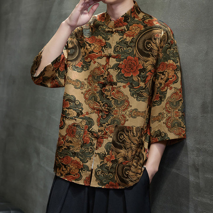 Buddha Stones Camisa de hombre con manga tres cuartos y bolsillos, diseño de rana de primavera, dragón, montaña y flores - image 18
