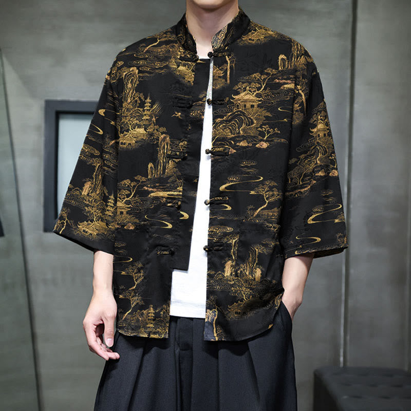 Camisa de hombre Tang Suit con mangas tres cuartos, bolsillos, con estampado de Buddha Stones, primavera, rana, botón, dragón, montaña y flor. - image 34