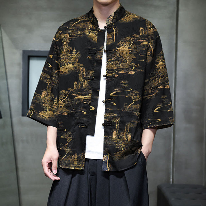 Camisa de hombre Tang Suit con mangas tres cuartos, bolsillos, con estampado de Buddha Stones, primavera, rana, botón, dragón, montaña y flor. - image 34