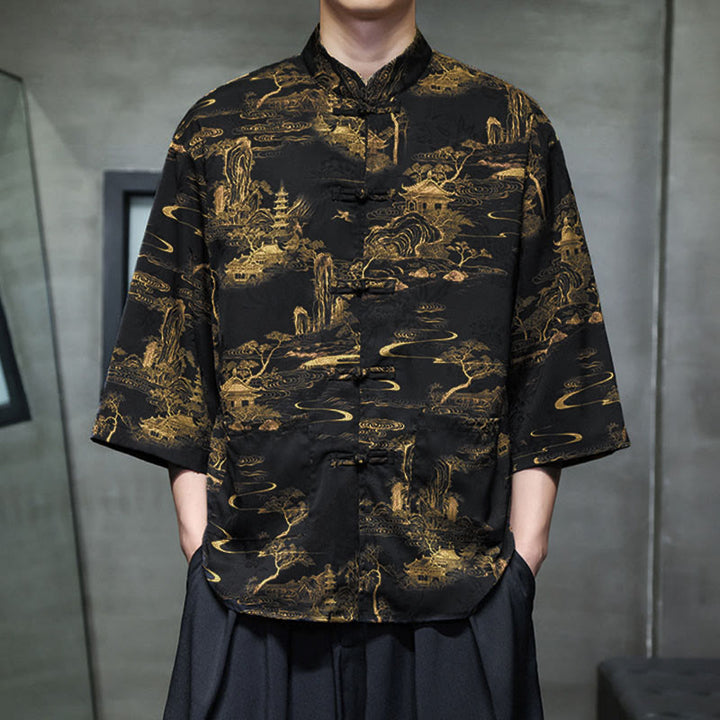 Camisa de hombre Tang Suit con mangas tres cuartos, bolsillos, con estampado de Buddha Stones, primavera, rana, botón, dragón, montaña y flor. - image 32