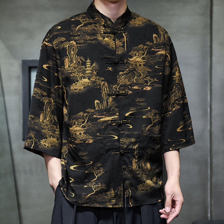 Camisa de hombre Tang Suit con mangas tres cuartos, bolsillos, con estampado de Buddha Stones, primavera, rana, botón, dragón, montaña y flor. - image 37