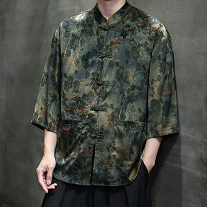 Camisa de hombre Tang Suit con mangas tres cuartos, bolsillos, con estampado de Buddha Stones, primavera, rana, botón, dragón, montaña y flor. - image 57